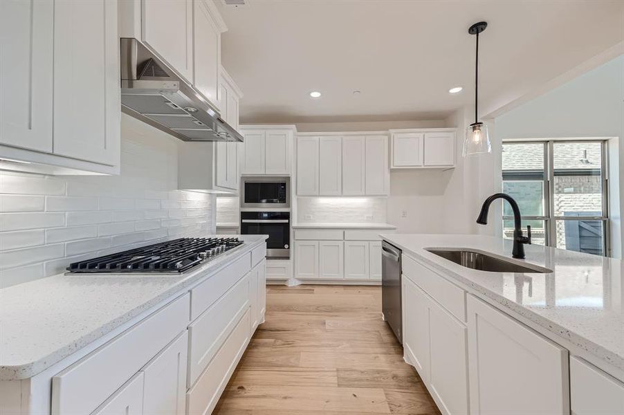 Kitchen with pendant lighting, light hardwood / wood-style floors, sink, ventilation hood, and stainless steel appliances