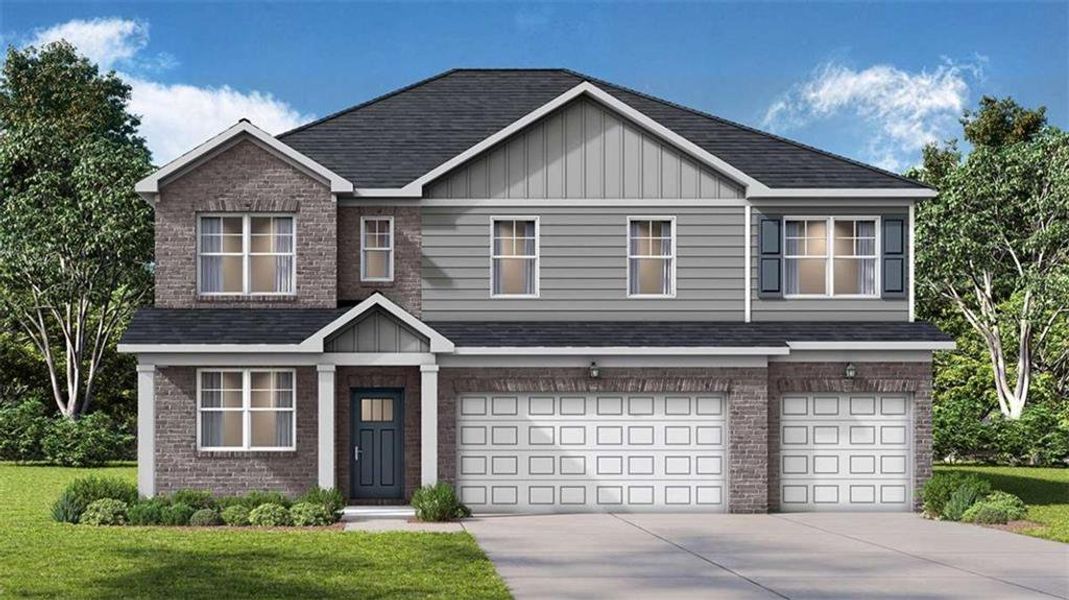 Front exterior of a new home in Evergreen Crossing, Locust Grove, GA, highlighting curb appeal (Image 1). Front exterior of a new home in Evergreen Crossing, Locust Grove, GA, highlighting curb appeal (Image 1).