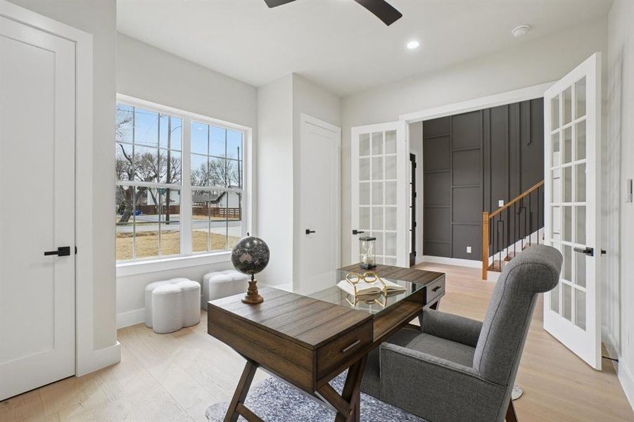 Office with french doors, ceiling fan, light wood-style flooring, and recessed lighting