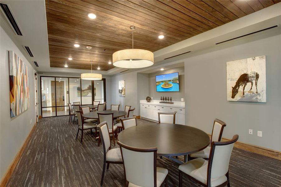 Dining space with wooden ceiling