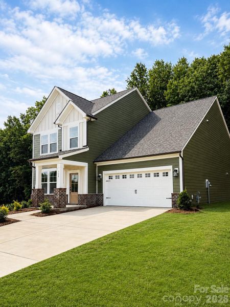 Front exterior of a new home in Farms at Bellingham, Mooresville, NC, highlighting curb appeal (Image 1). Front exterior of a new home in Farms at Bellingham, Mooresville, NC, highlighting curb appeal (Image 1).