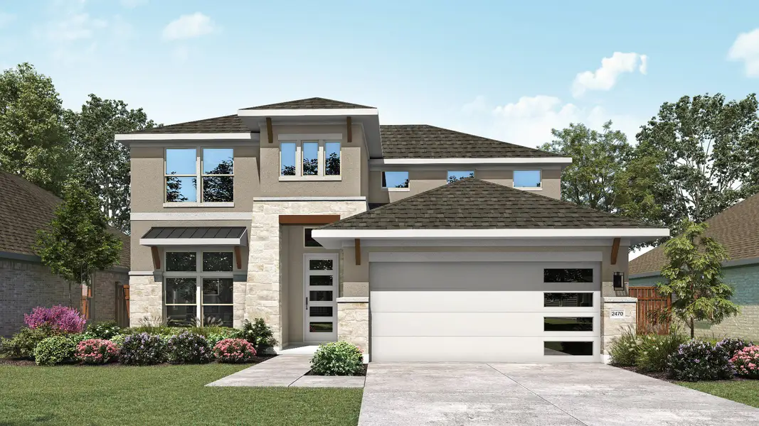 Representative exterior photo of a completed home built from the Hickory by DRB Homes in Parkside on the River, Georgetown, TX (Image 8). Representative exterior photo of a completed home built from the Hickory by DRB Homes in Parkside on the River, Georgetown, TX (Image 8).