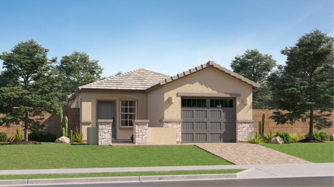 Front exterior of a new home in Anderson Farms, Maricopa, AZ, highlighting curb appeal (Image 1). Front exterior of a new home in Anderson Farms, Maricopa, AZ, highlighting curb appeal (Image 1).