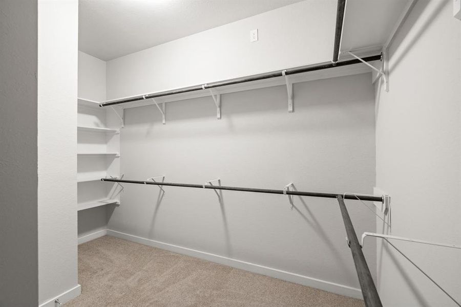 walk-in closet boasting high ceilings and plush carpeting. Representation. Actual color and selections can vary.