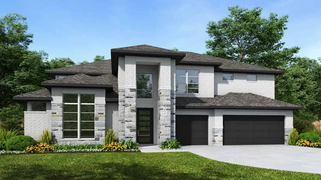 Front exterior of a new home in Elyson, Katy, TX, highlighting curb appeal (Image 1). Front exterior of a new home in Elyson, Katy, TX, highlighting curb appeal (Image 1).