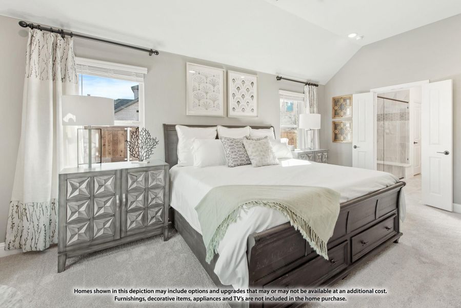 Master bedroom with vaulted ceiling, dark wood bed frame, gray carpet, and ensuite bathroom entrance visible. Master bedroom with vaulted ceiling, dark wood bed frame, gray carpet, and ensuite bathroom entrance visible.