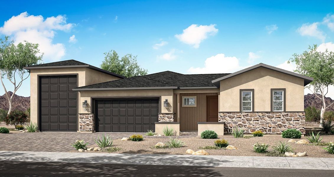 Front exterior of a new home in Overlook at The Dells, Prescott, AZ, highlighting curb appeal (Image 2).