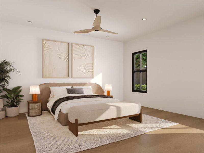 Your peaceful primary suite featuring warm natural finishes, abundant natural light, and ample space for a private seating area, creating the perfect sanctuary at the end of the day.