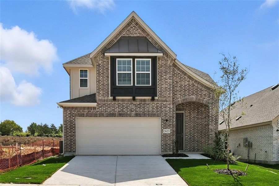 View of front facade featuring brick siding, a garage, concrete driveway, and roof with shingles View of front facade featuring brick siding, a garage, concrete driveway, and roof with shingles