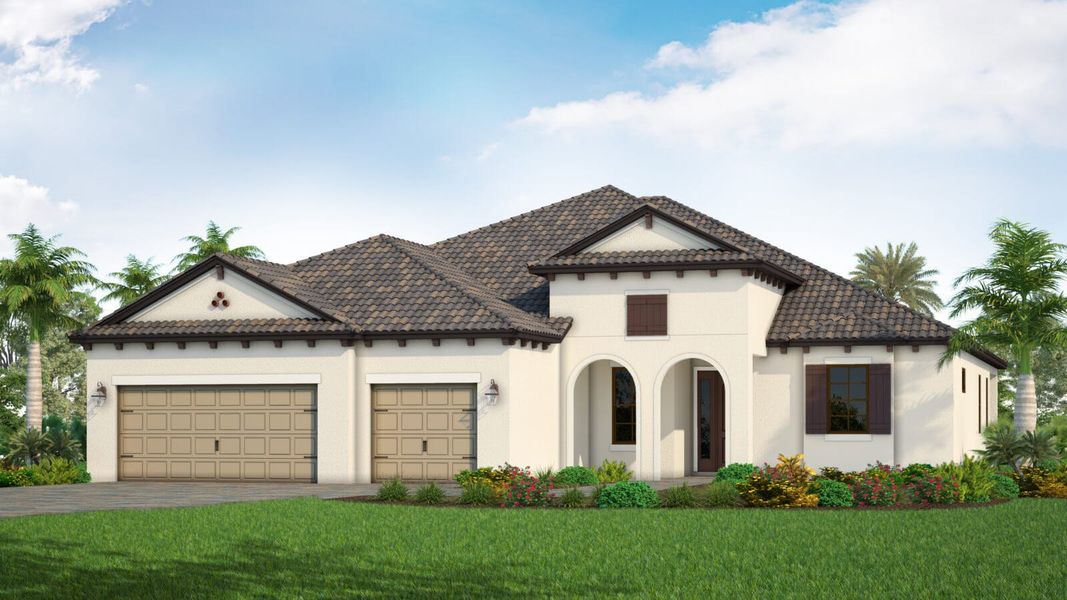 Front exterior of a new home in SkySail Real Estate and Homes for Sale in Naples, FL - Neal Communities, Naples, FL, highlighting curb appeal (Image 2).
