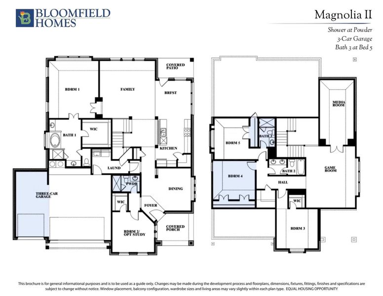 Bloomfield Homes Magnolia II floor plan showing two-story layout with five bedrooms, three-car garage, game room, and media room.