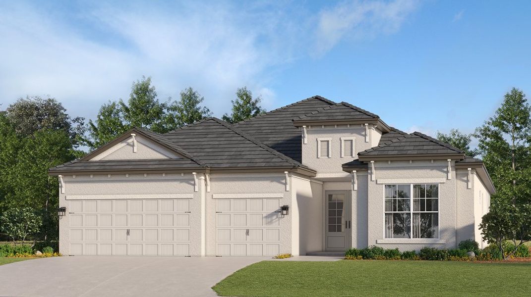 Front exterior of a new home in Calusa Country Club: Manor Homes, Lakewood Ranch, FL, highlighting curb appeal (Image 1).