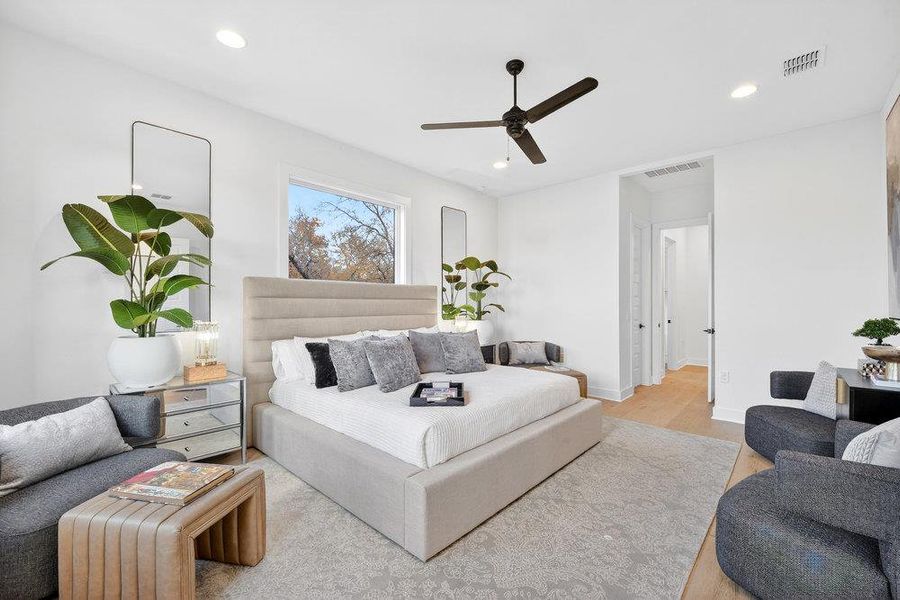 Bedroom featuring a ceiling fan and recessed lighting