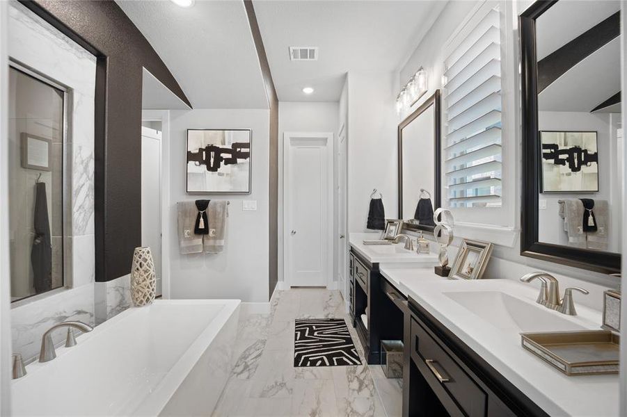 Bathroom with vanity and a washtub