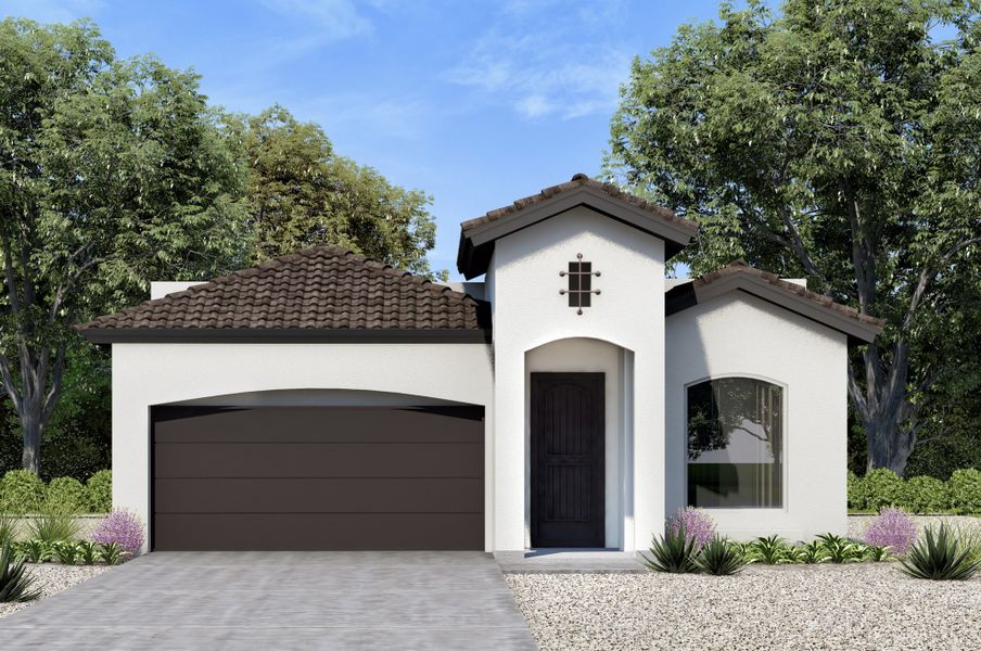 Front exterior of a new home in Paseo Del Este Unit 9, El Paso, TX, highlighting curb appeal (Image 1). Front exterior of a new home in Paseo Del Este Unit 9, El Paso, TX, highlighting curb appeal (Image 1).
