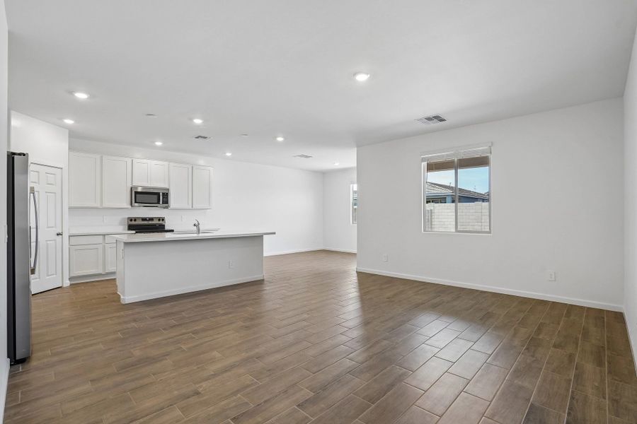 Great room, kitchen and dining Great room, kitchen and dining
