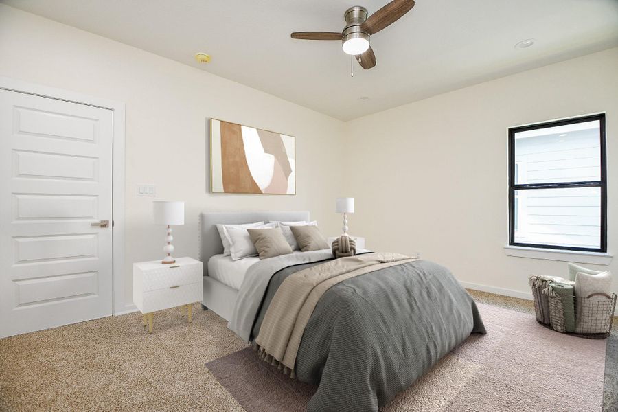 Upstairs secondary bedrooms feature plush carpet, ceiling fans and recessed lighting. Upstairs secondary bedrooms feature plush carpet, ceiling fans and recessed lighting.