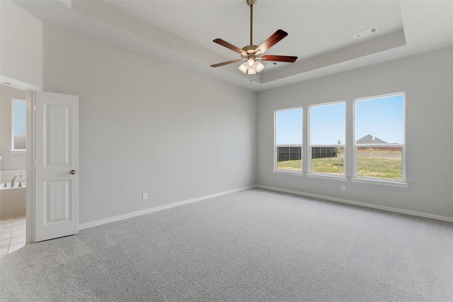 Unfurnished room with a raised ceiling, light colored carpet, and ceiling fan
