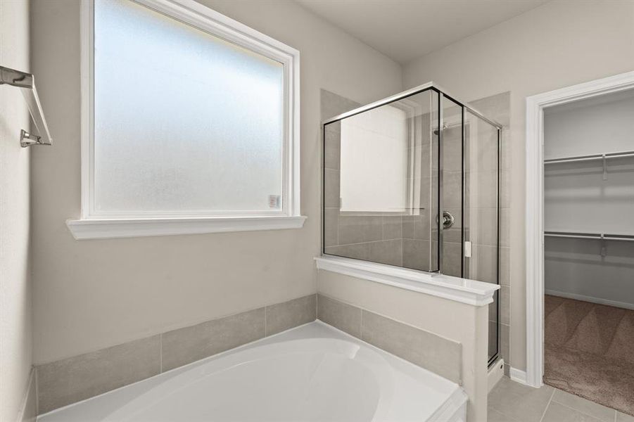 This additional view of your primary bathroom features tile flooring, fresh paint, walk-in shower, a separate garden tub, and a large walk-in closet.