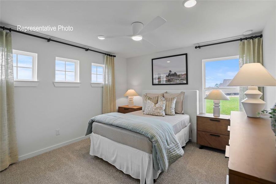 Carpeted bedroom with ceiling fan and multiple windows