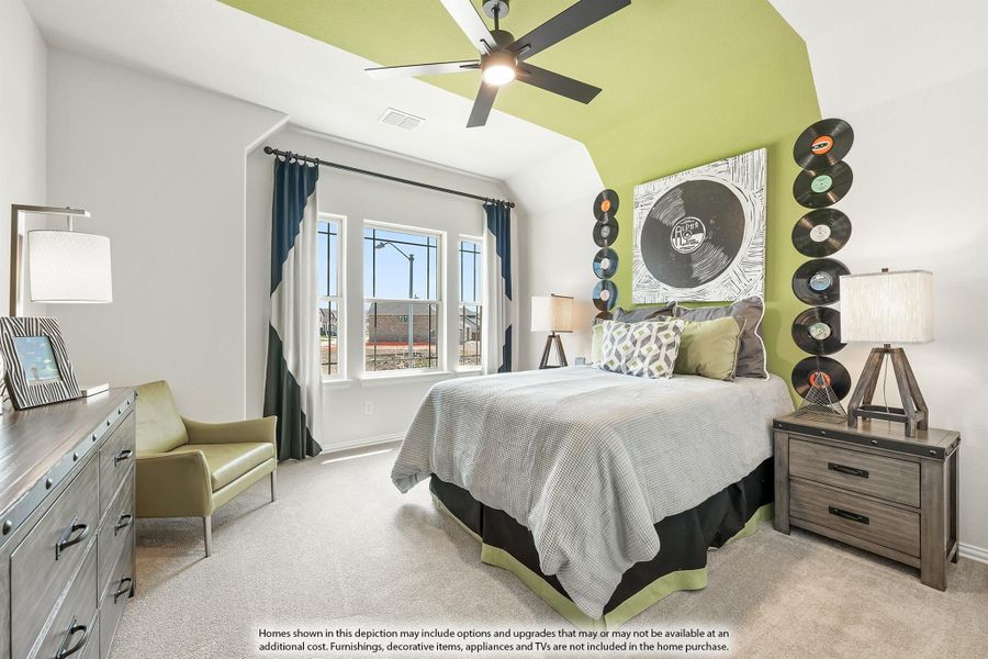 Bedroom with vaulted green accent ceiling, ceiling fan, vinyl record wall decor, and carpet flooring