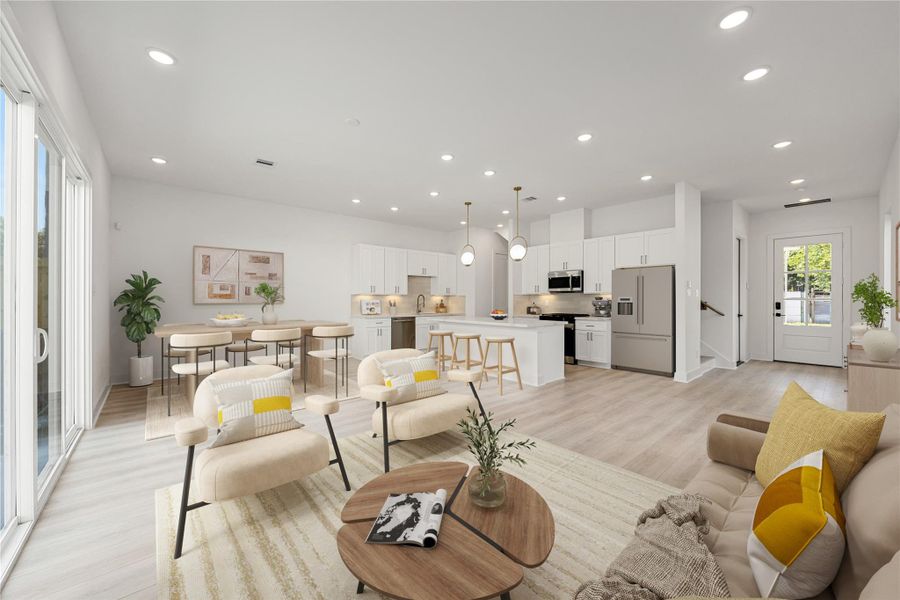 This light and bright spacious living room is the perfect layout for entertaining or just relaxing. Whether it's simply a night in or entertaining family and friends, this home has ample open space for everyone to enjoy! Featuring wood like vinyl flooring, large windows with blinds, high ceilings, recessed lighting with wonderful access to your gorgeous kitchen. This light and bright spacious living room is the perfect layout for entertaining or just relaxing. Whether it's simply a night in or entertaining family and friends, this home has ample open space for everyone to enjoy! Featuring wood like vinyl flooring, large windows with blinds, high ceilings, recessed lighting with wonderful access to your gorgeous kitchen.