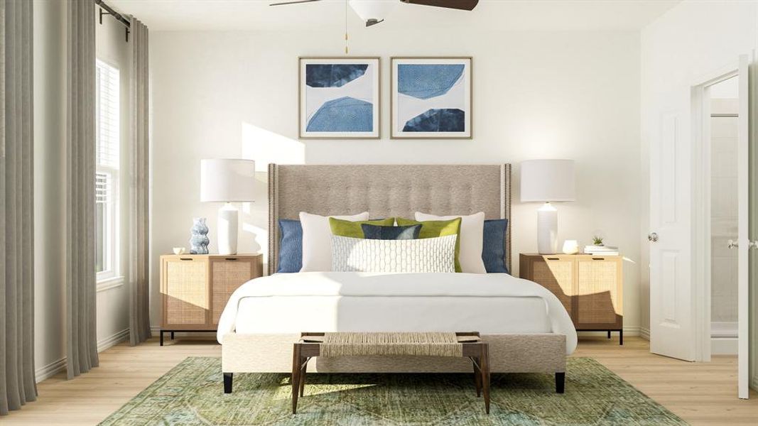 Bedroom with multiple windows, ceiling fan, and light hardwood / wood-style floors