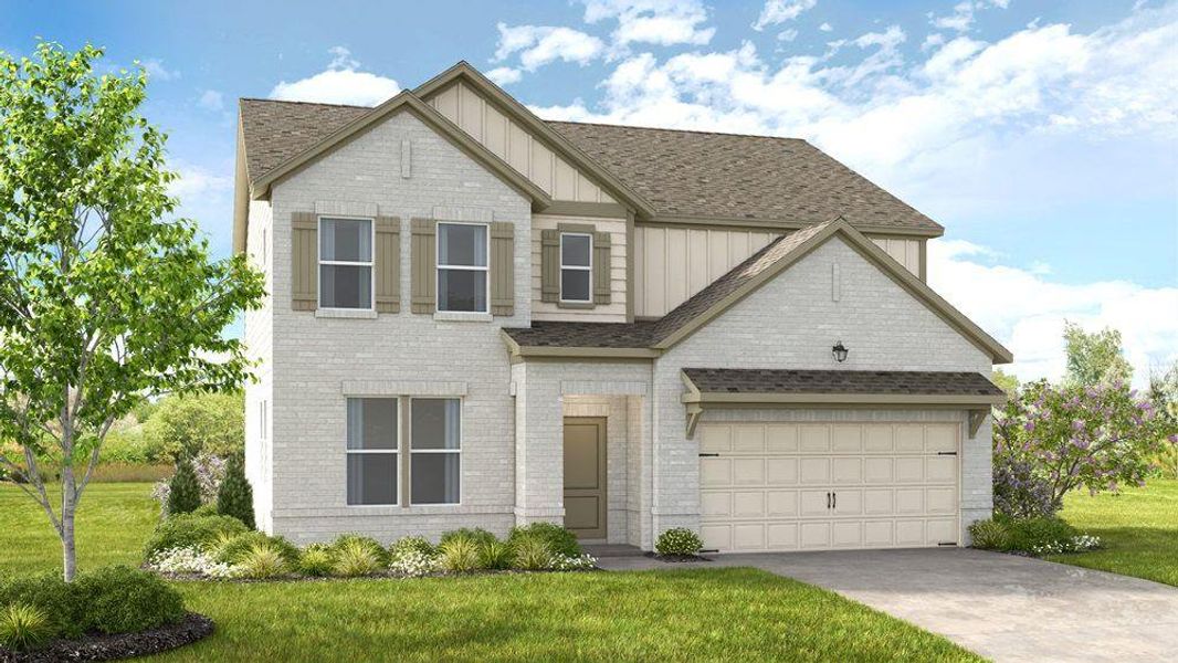 Front exterior of a new home in Falls Creek, Flowery Branch, GA, highlighting curb appeal (Image 2). Front exterior of a new home in Falls Creek, Flowery Branch, GA, highlighting curb appeal (Image 2).