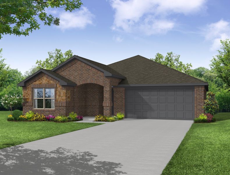 Representative exterior photo of a completed home built from the Boston by Impression Homes in Keeneland, Aubrey, TX (Image 15). Representative exterior photo of a completed home built from the Boston by Impression Homes in Keeneland, Aubrey, TX (Image 15).