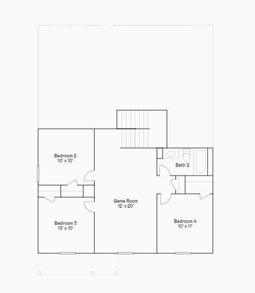 This floor plan features a second floor with three bedrooms, a game room, and a bathroom. Bedroom 2 and Bedroom 3 are both 10' x 10', Bedroom 4 is 10' x 11', and the game room is 12' x 20'. The bathroom is conveniently located near the bedrooms.