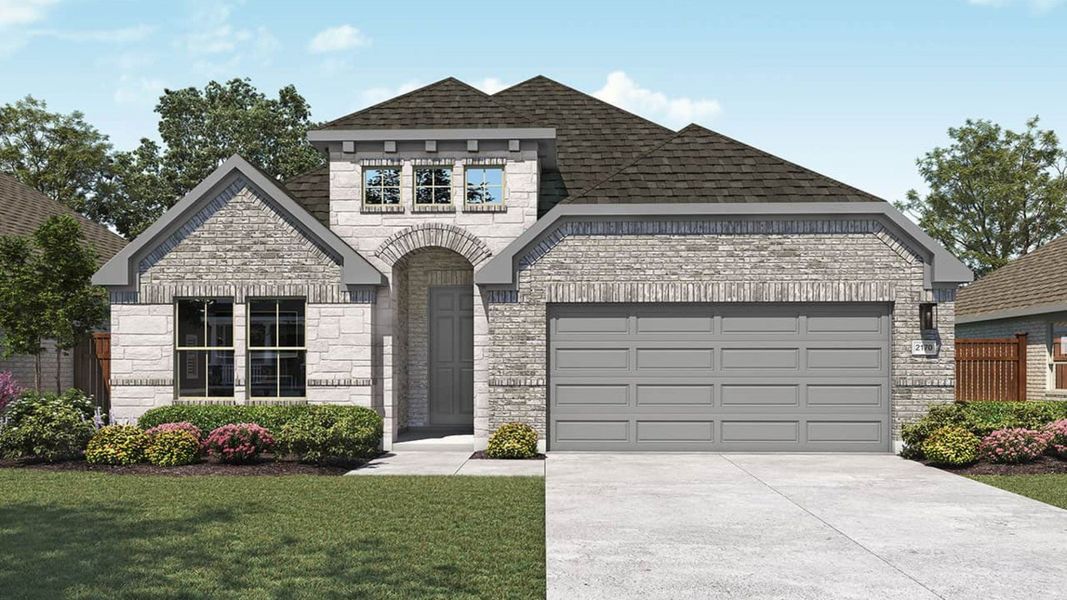 Representative exterior photo of a completed home built from the Juniper by DRB Homes in Meyer Ranch – Premier, New Braunfels, TX (Image 4). Representative exterior photo of a completed home built from the Juniper by DRB Homes in Meyer Ranch – Premier, New Braunfels, TX (Image 4).