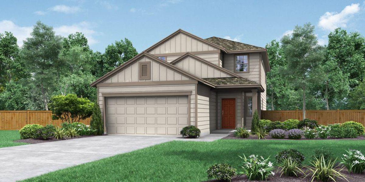 View of front of house with driveway, board and batten siding, an attached garage, and fence