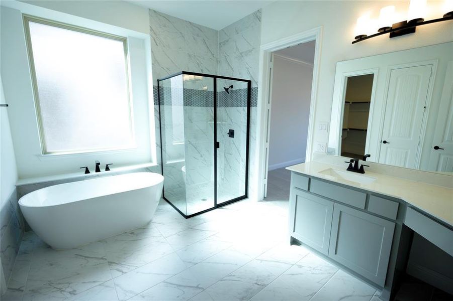 Bathroom with shower with separate bathtub and vanity