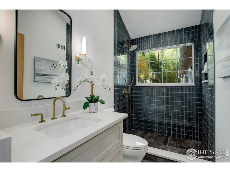 Secondary bathroom with Organic White Caesarstone counters with Zia Tile Shower