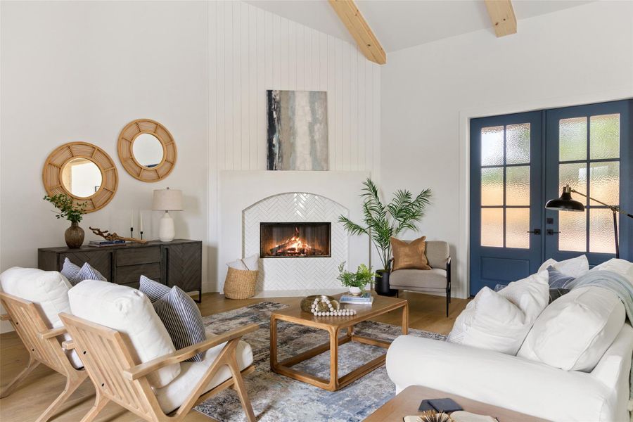 Vaulted ceiling with exposed wood beams