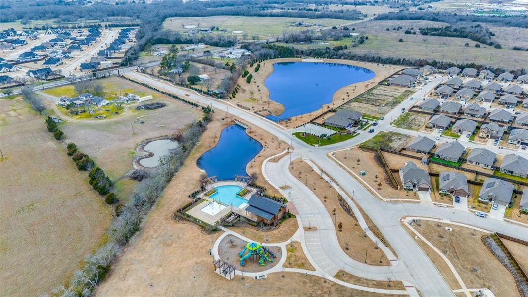 Birds eye view of HOA Pool and lakes