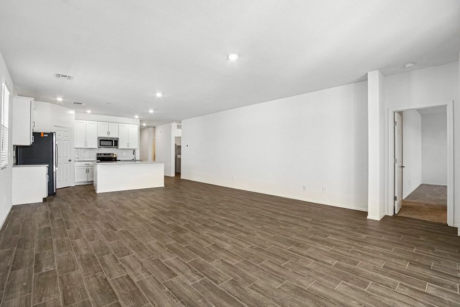 Great room, kitchen and dining