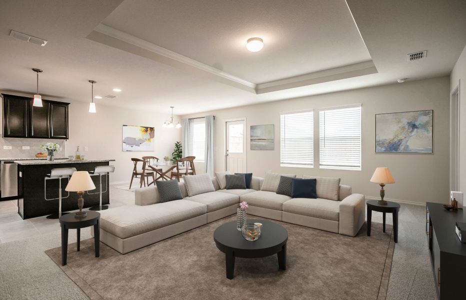 Spacious gathering room with view of kitchen and dining area Spacious gathering room with view of kitchen and dining area