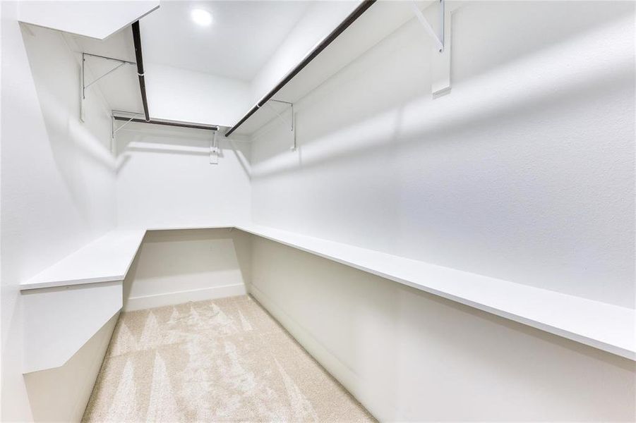 Walk in closet with light colored carpet