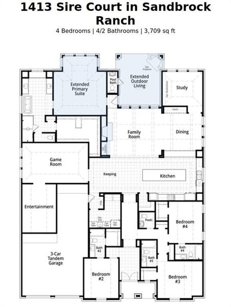 2D floor plan layout of this home in Sandbrock Ranch: 70ft. lots, Aubrey, TX (Image 3).