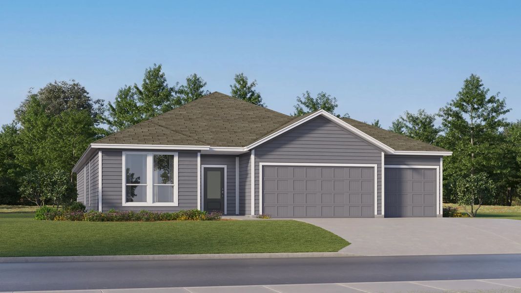 Front exterior of a new home in Bertram Oaks, Bertram, TX, highlighting curb appeal (Image 1). Front exterior of a new home in Bertram Oaks, Bertram, TX, highlighting curb appeal (Image 1).