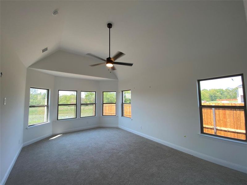 Large & bright master bedroom with bay window, vaulted ceiling, and ceiling fan Large & bright master bedroom with bay window, vaulted ceiling, and ceiling fan