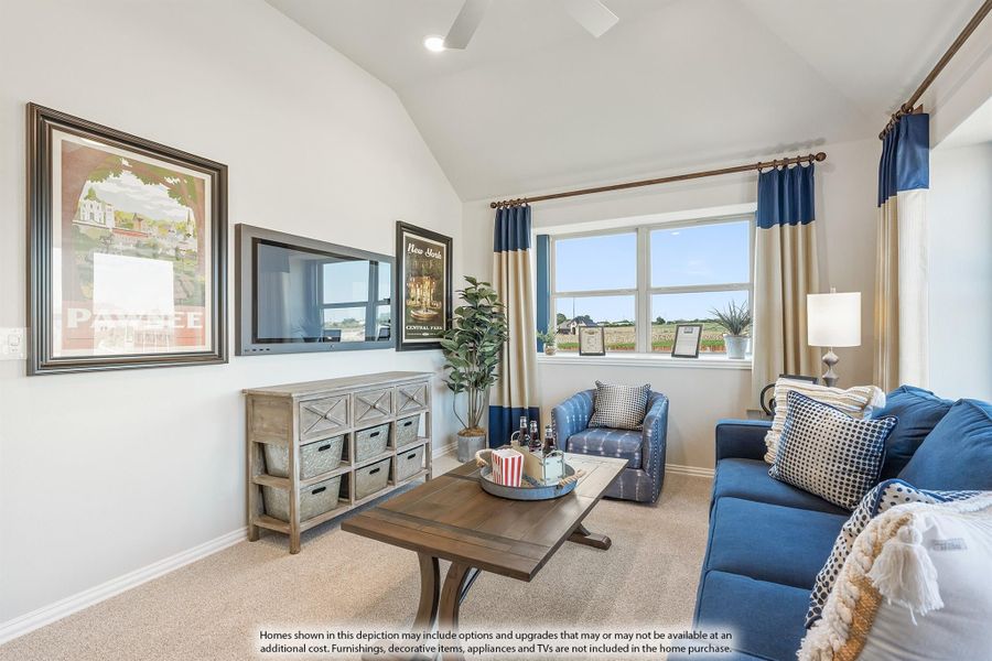 Living room with vaulted ceiling, blue sofa, wall-mounted TV, and large windows with blue curtains Living room with vaulted ceiling, blue sofa, wall-mounted TV, and large windows with blue curtains