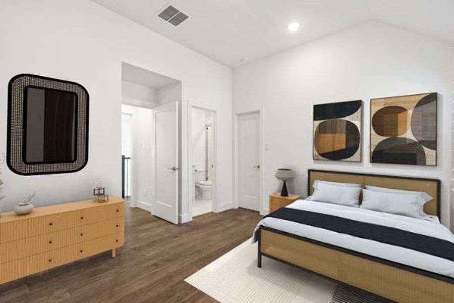 Bedroom with dark wood finished floors, ensuite bath, recessed lighting, and vaulted ceiling Bedroom with dark wood finished floors, ensuite bath, recessed lighting, and vaulted ceiling