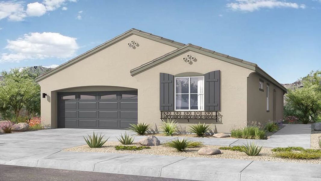 Front exterior of a new home in Rancho Mercado, Surprise, AZ, highlighting curb appeal (Image 1). Front exterior of a new home in Rancho Mercado, Surprise, AZ, highlighting curb appeal (Image 1).