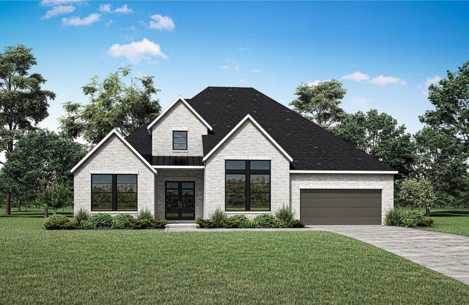 A striking modern home with light-colored brick and a classic dark roof, set against a vibrant green lawn. A striking modern home with light-colored brick and a classic dark roof, set against a vibrant green lawn.