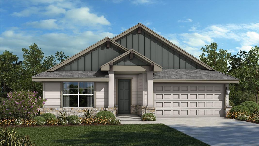 Front exterior of a new home in The Colony, Bastrop, TX, highlighting curb appeal (Image 1). Front exterior of a new home in The Colony, Bastrop, TX, highlighting curb appeal (Image 1).