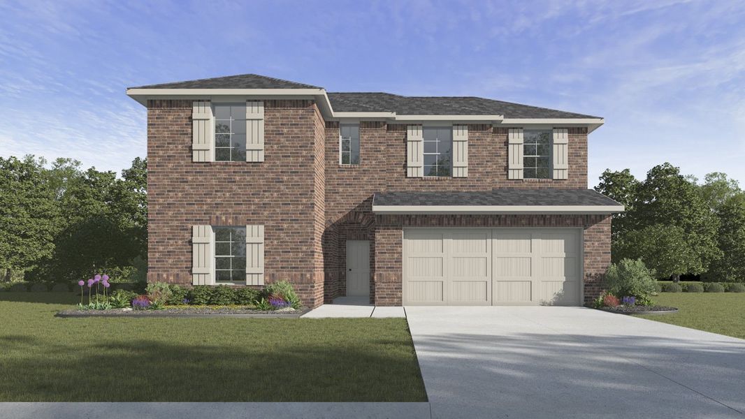 Front exterior of a new home in Fireside by the Lake, Garland, TX, highlighting curb appeal (Image 1). Front exterior of a new home in Fireside by the Lake, Garland, TX, highlighting curb appeal (Image 1).