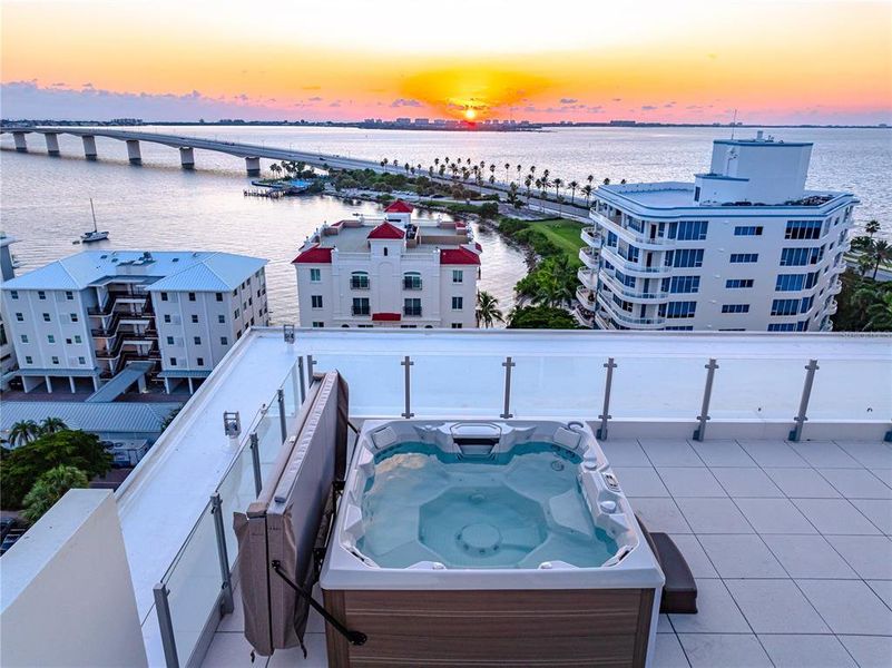 Shared resident balcony on the rooftop with views looking west over Sarasota Bay and the Gulf of Mexico.