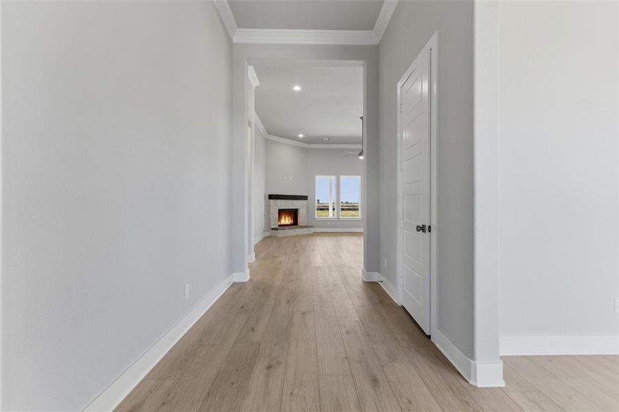 Corridor featuring crown molding, light wood-type flooring, and recessed lighting